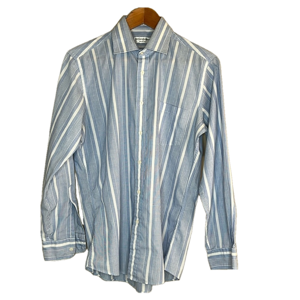 Yves Saint Laurent men’s button down blue and white stripe casual shirt